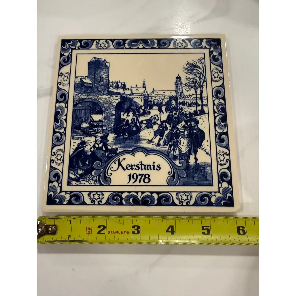 VINTAGE 1978 Kerstmis Holland Delft Blue Christmas Ceramic Tile 6 Inch Dutch